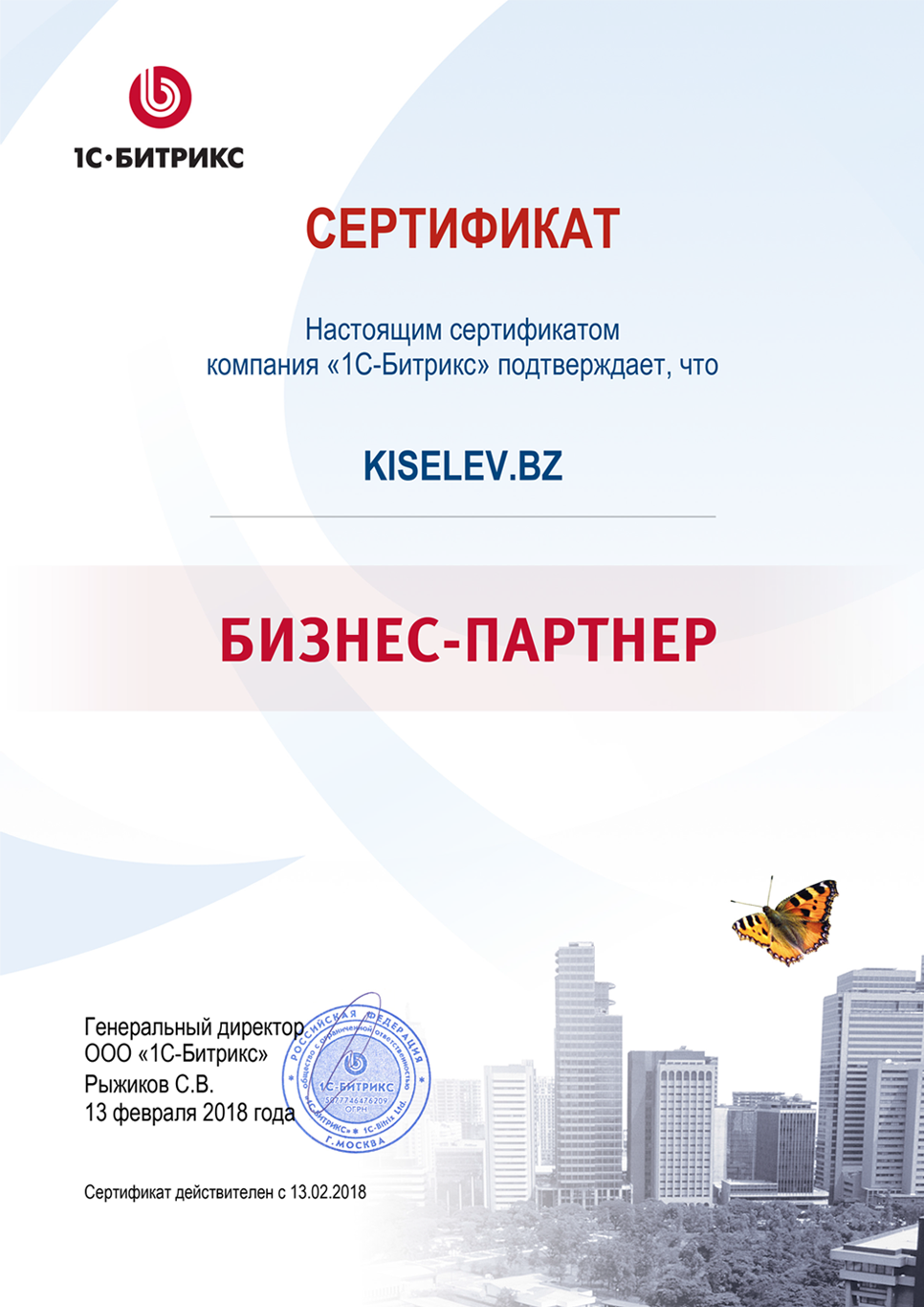 Сертификат партнёра по СРМ системам в Луховицах